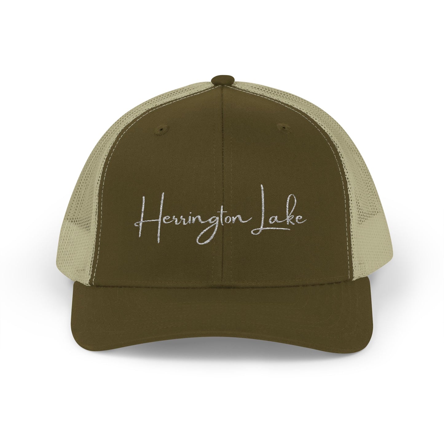 Embroidered Herrington Lake Script Logo Snapback Trucker Cap