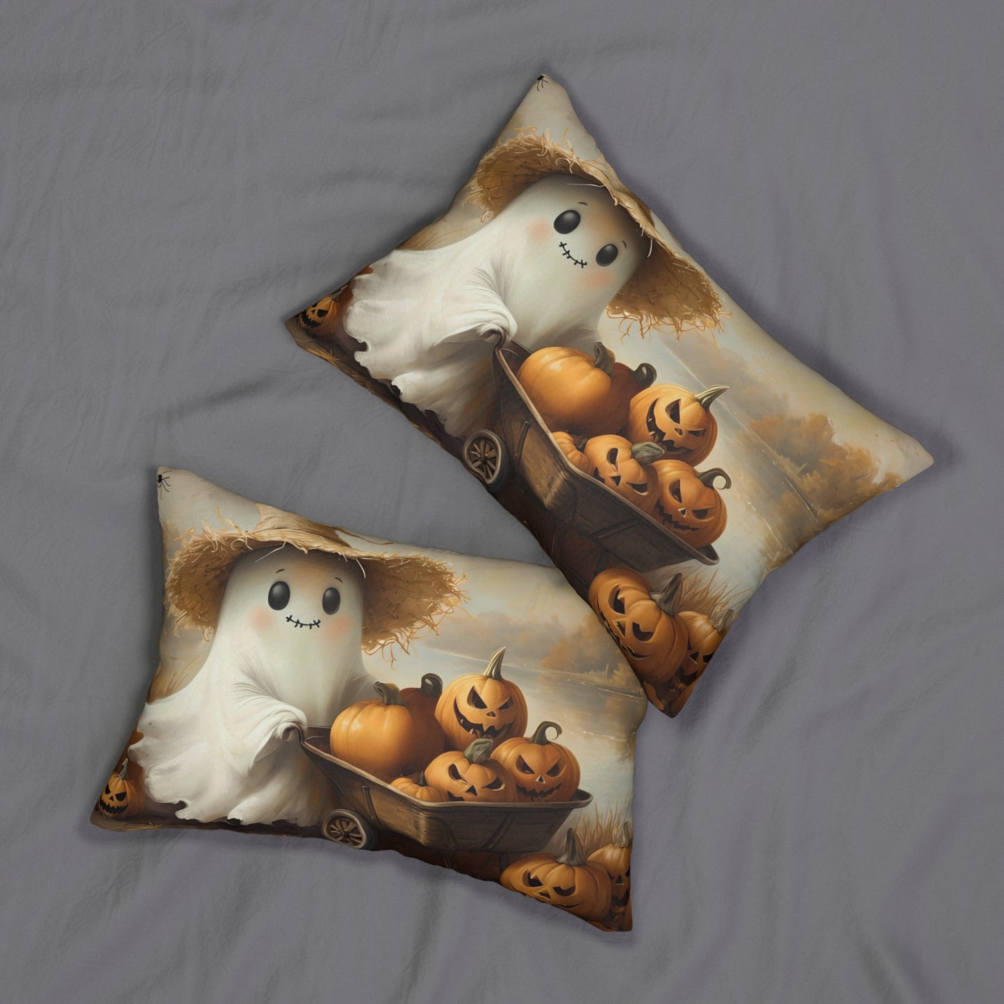 Cute Lake Ghost with Jack O'Lanterns Lumbar Pillow