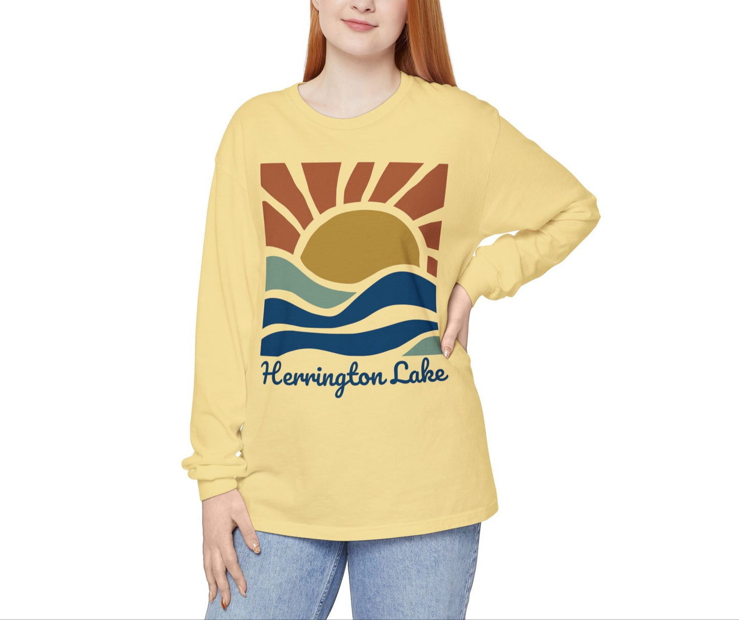 "Sunrise Serenity" Herrington Lake Garment-Dyed Premium Comfort Colors™ Long Sleeve T-Shirt