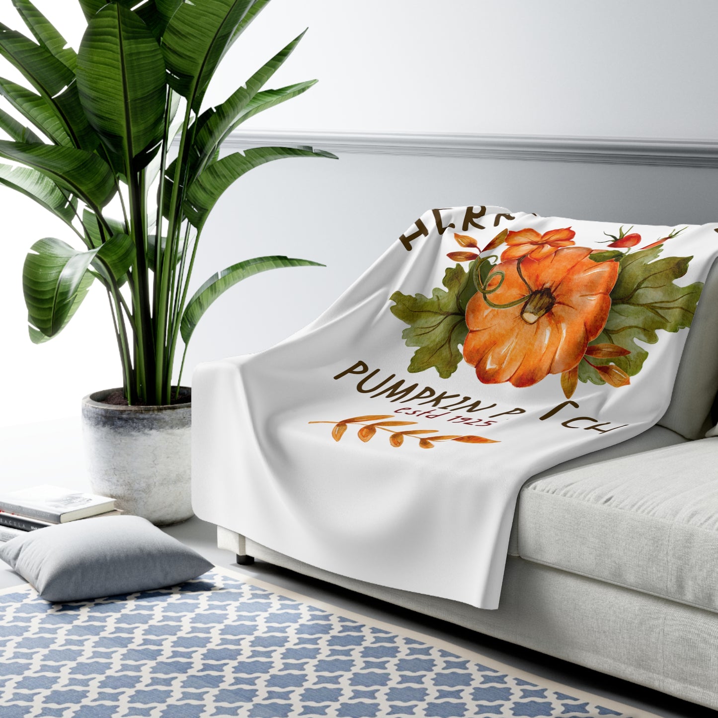 Herrington Lake Illustrated Pumpkin Patch Sherpa Fleece Blanket (White)