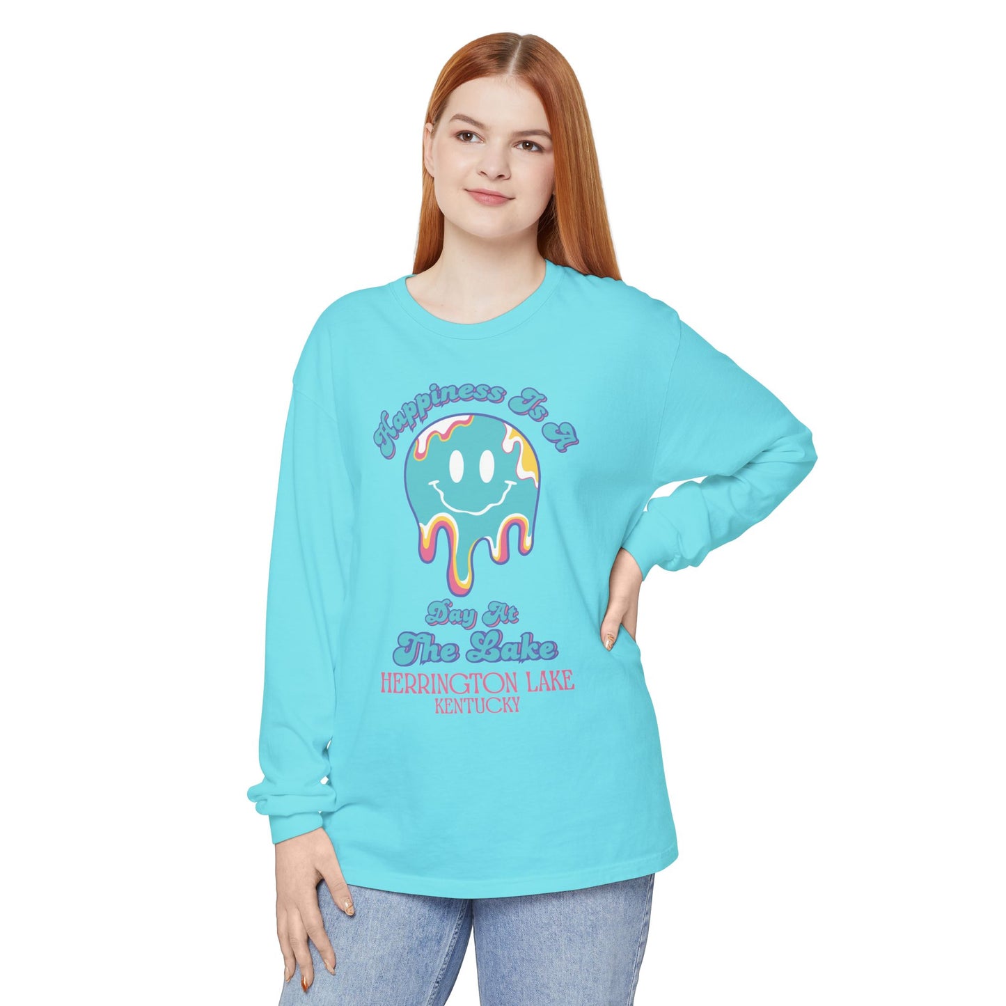"Happiness is a Day at the Lake" Herrington Lake Garment-Dyed Premium Comfort Colors™ Long Sleeve T-Shirt