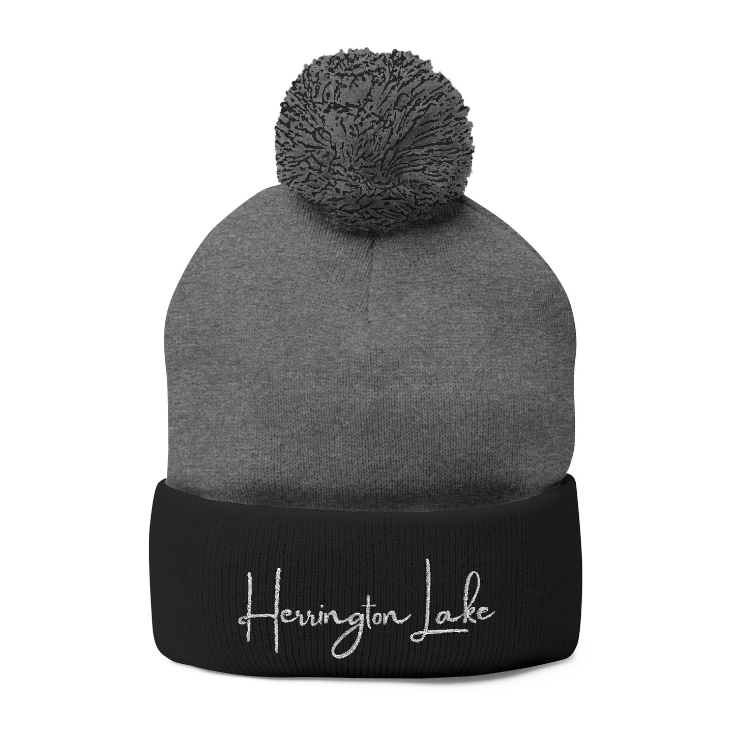 Embroidered Herrington Lake Script Pom-Pom Knit Cap