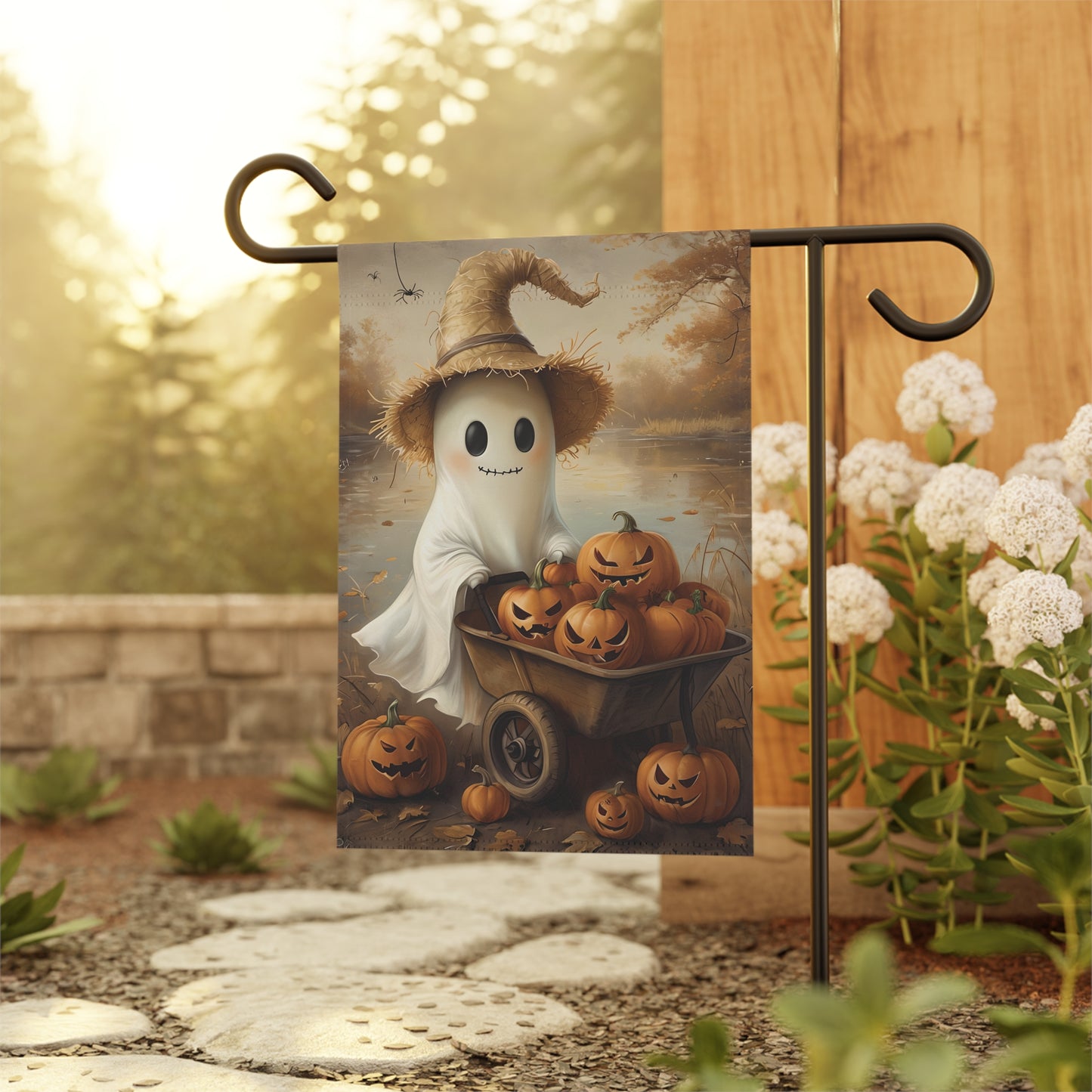 Cute Lake Ghost with Jack O'Lanterns Garden Banner
