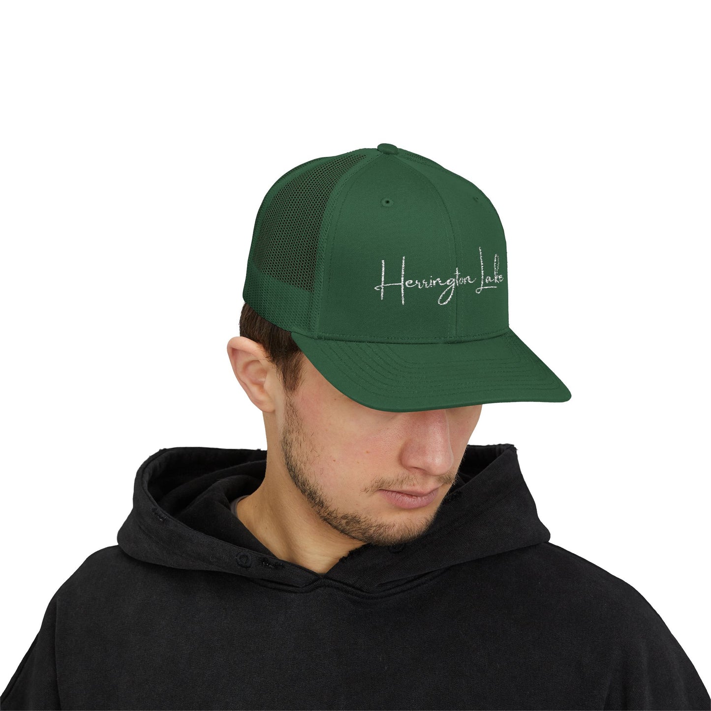 Embroidered Herrington Lake Script Logo Snapback Trucker Cap
