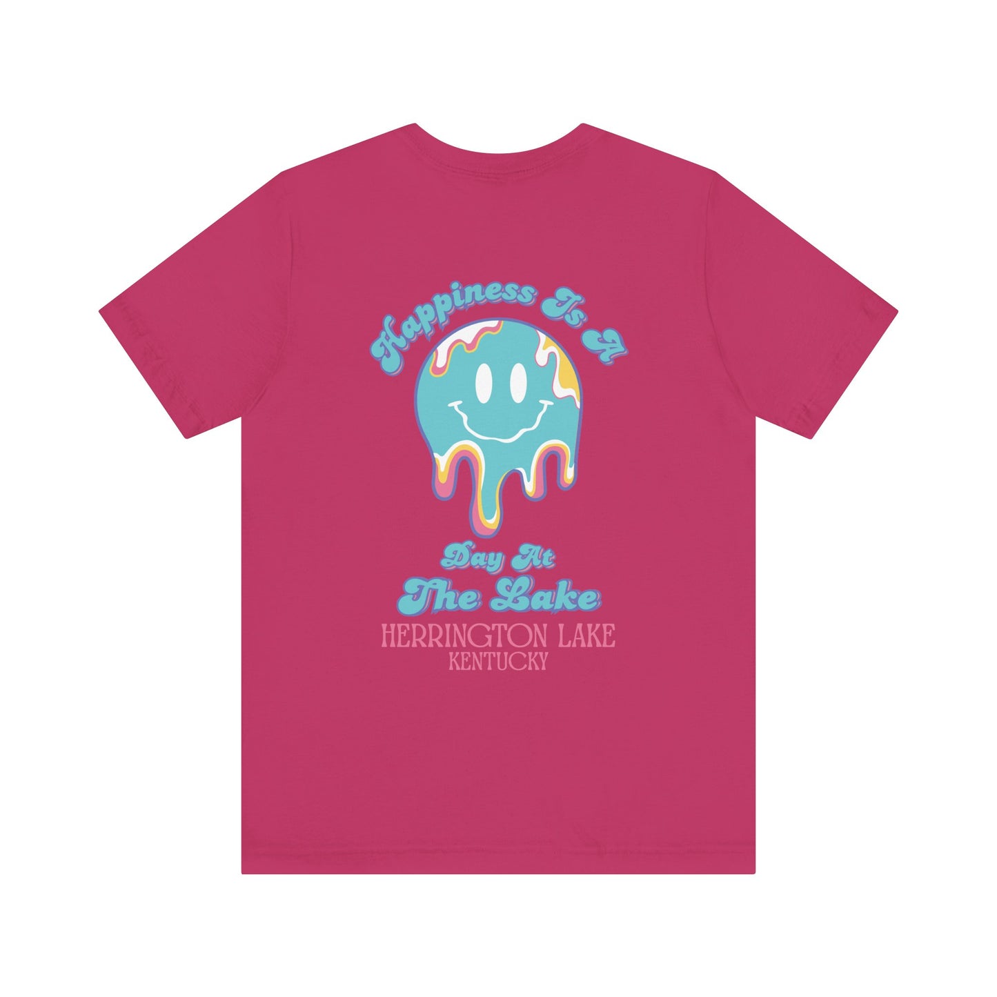 "Happiness Is A Day At The Lake" Double-Sided Print Unisex Jersey Knit Cotton Short Sleeve Tee