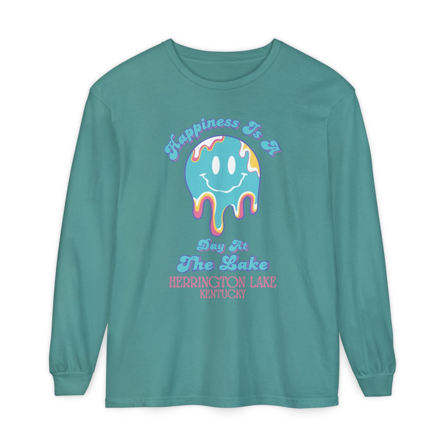 "Happiness is a Day at the Lake" Herrington Lake Garment-Dyed Premium Comfort Colors™ Long Sleeve T-Shirt