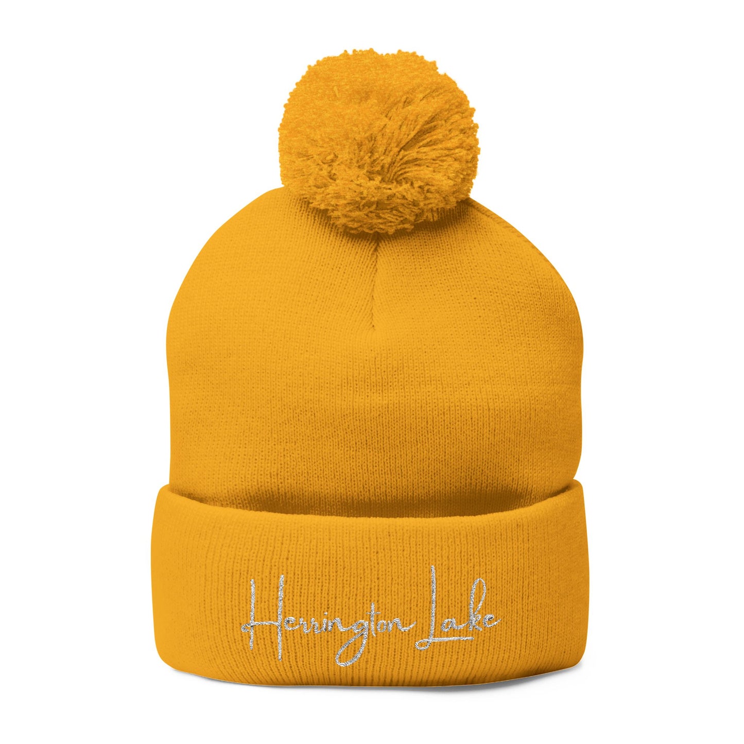 Embroidered Herrington Lake Script Pom-Pom Knit Cap