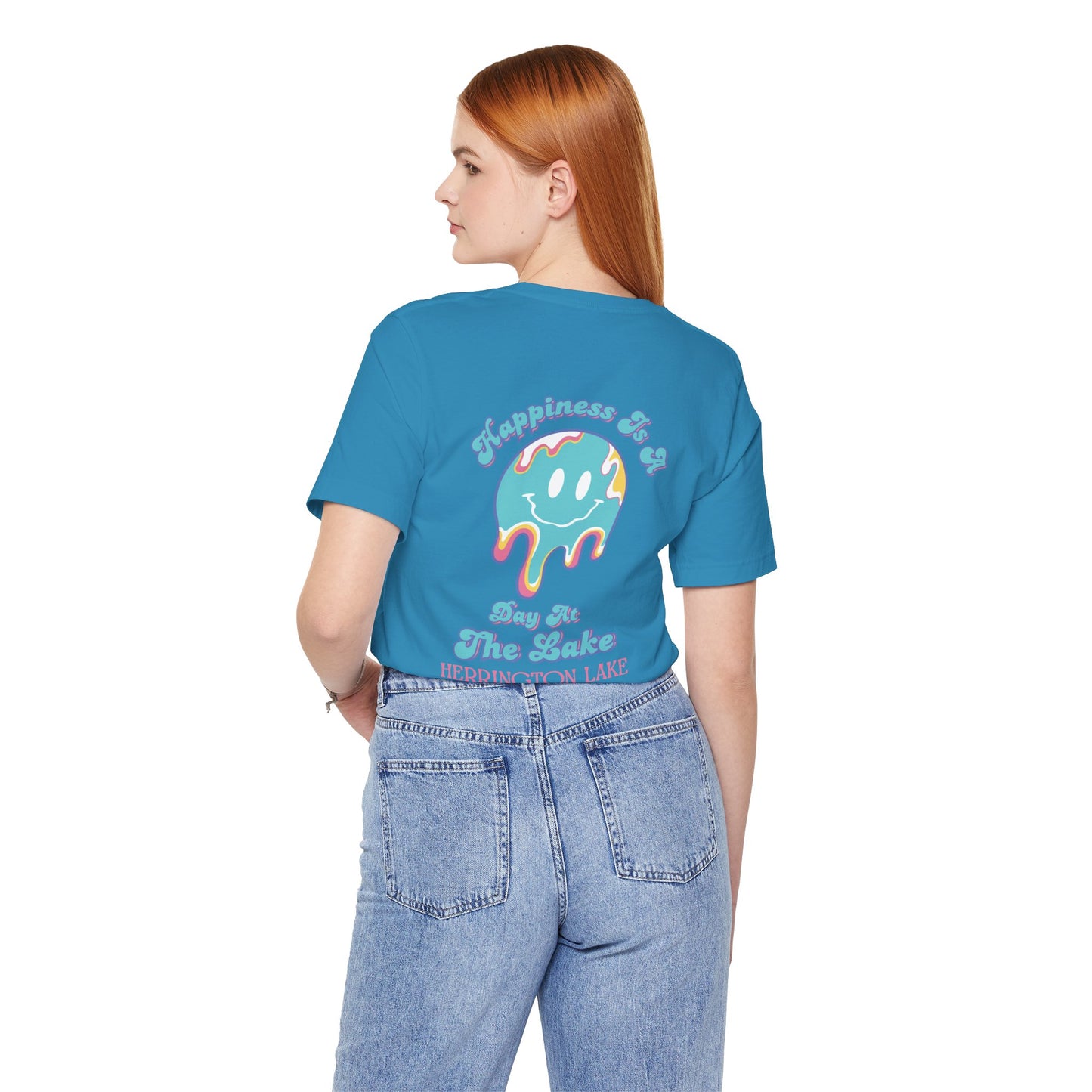 "Happiness Is A Day At The Lake" Double-Sided Print Unisex Jersey Knit Cotton Short Sleeve Tee