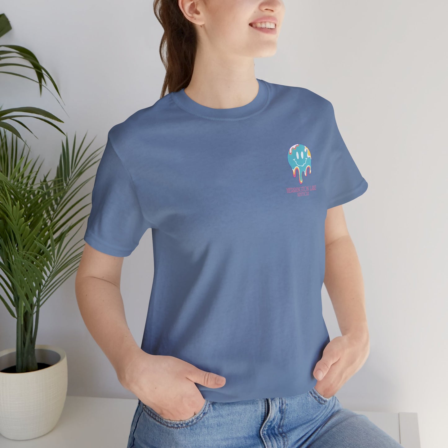"Happiness Is A Day At The Lake" Double-Sided Print Unisex Jersey Knit Cotton Short Sleeve Tee