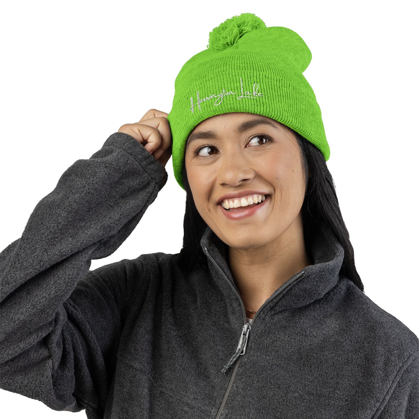 Embroidered Herrington Lake Script Pom-Pom Knit Cap