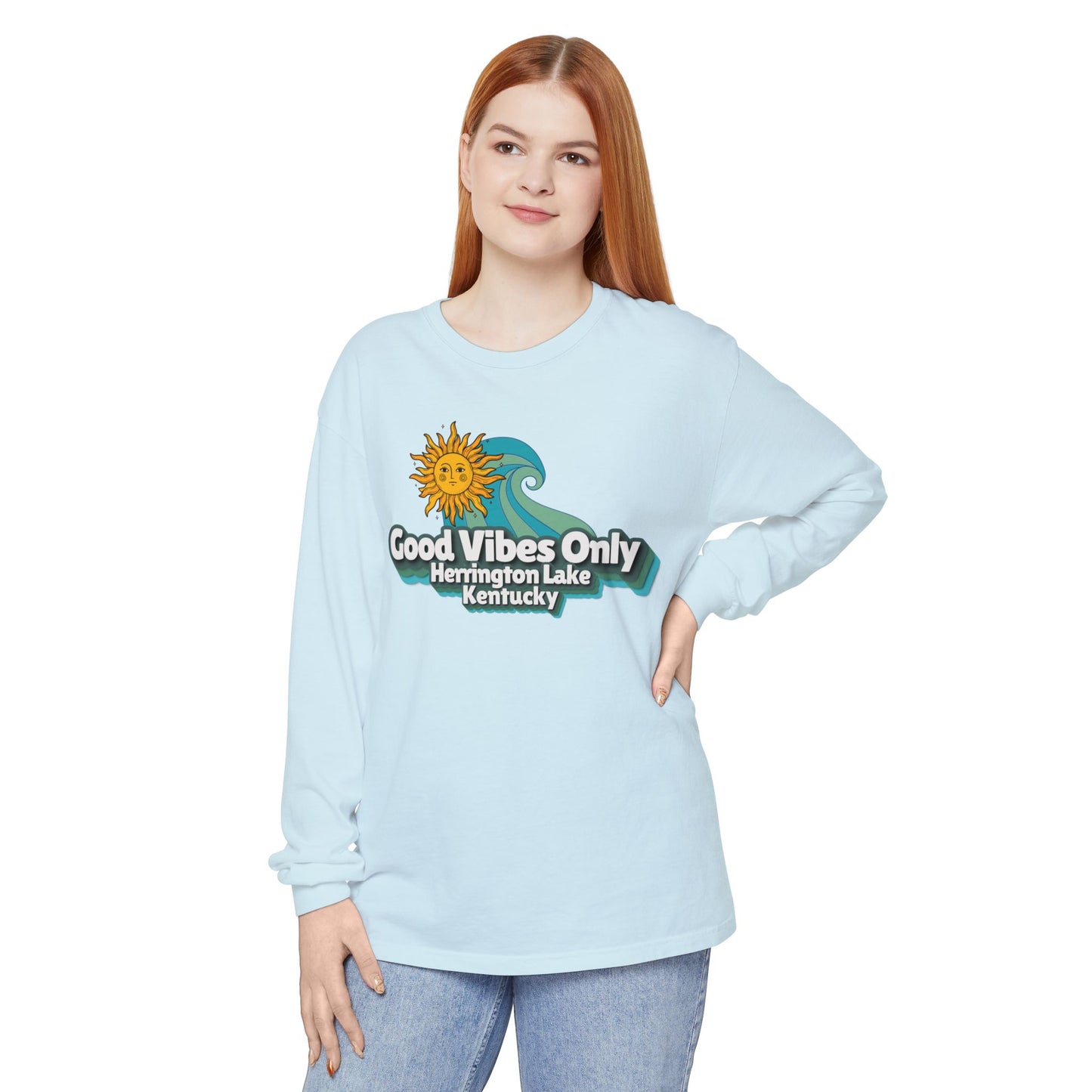 "Good Vibes Only" Herrington Lake Garment-Dyed Premium Comfort Colors™ Long Sleeve T-Shirt