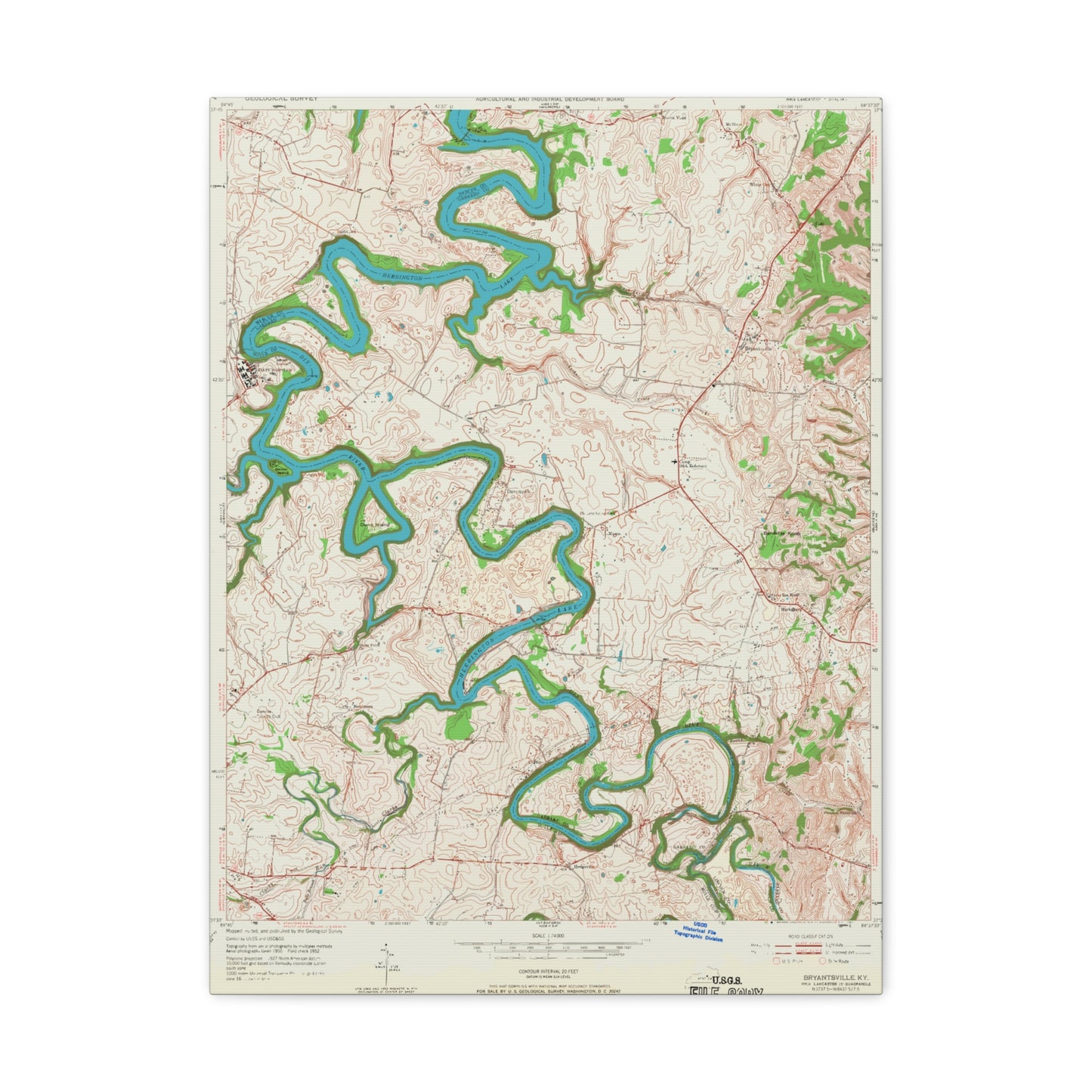 Herrington Lake - Bryantsville Quadrangle Topographic Map, USGS 1952 Canvas Gallery Wraps
