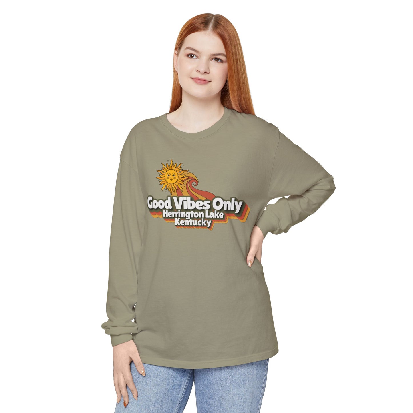 "Good Vibes Only" Herrington Lake Garment-Dyed Premium Comfort Colors™ Long Sleeve T-Shirt