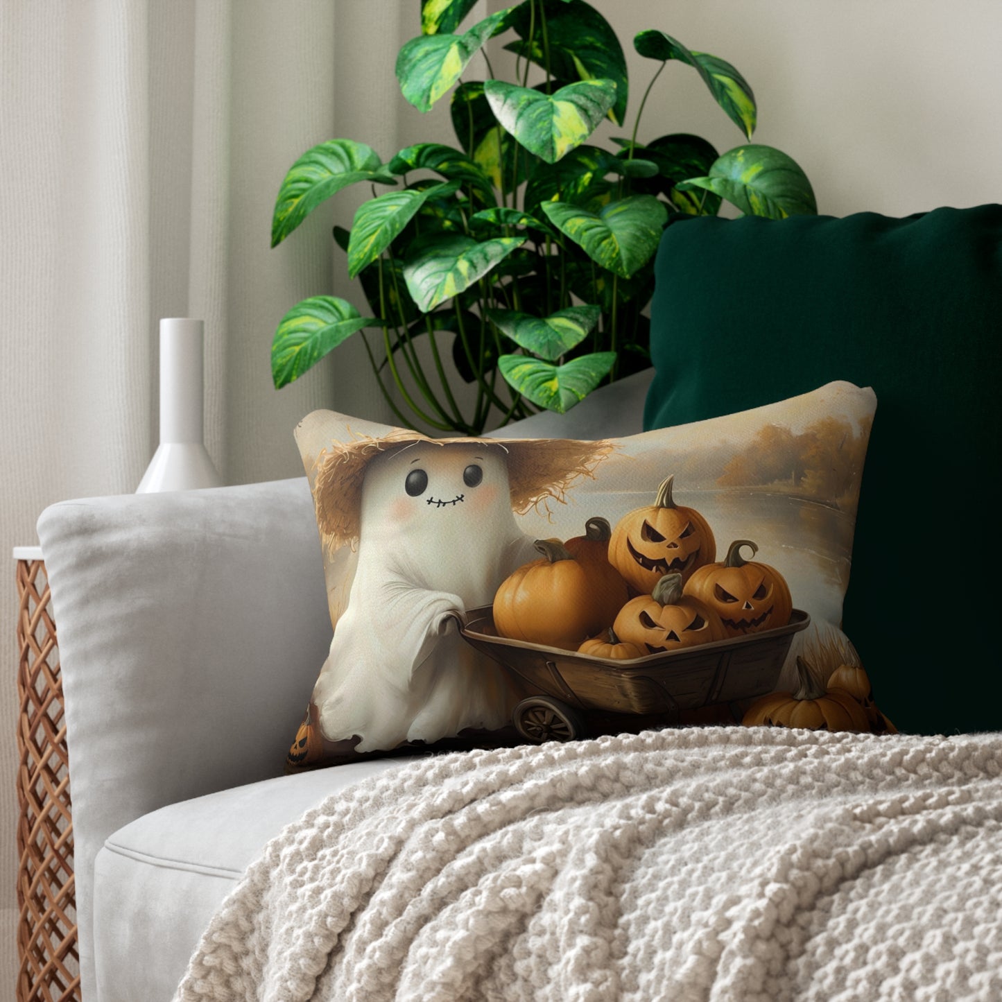 Cute Lake Ghost with Jack O'Lanterns Lumbar Pillow