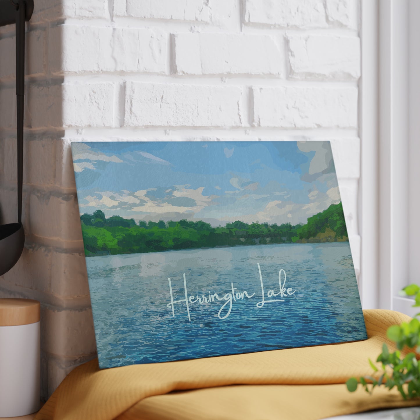 "Herrington LakeScape -1" Glass Cutting Board - White
