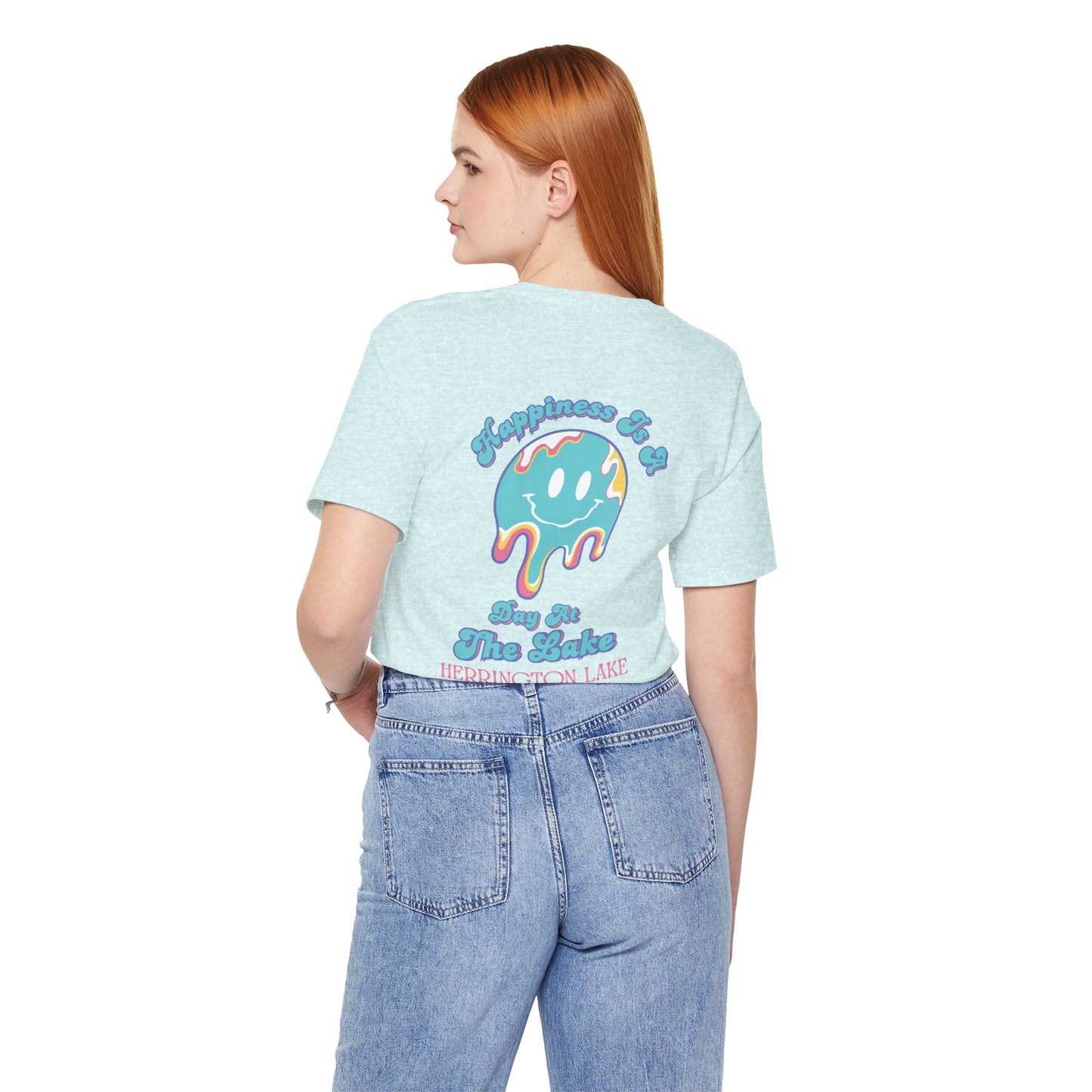 "Happiness Is A Day At The Lake" Double-Sided Print Unisex Jersey Knit Cotton Short Sleeve Tee