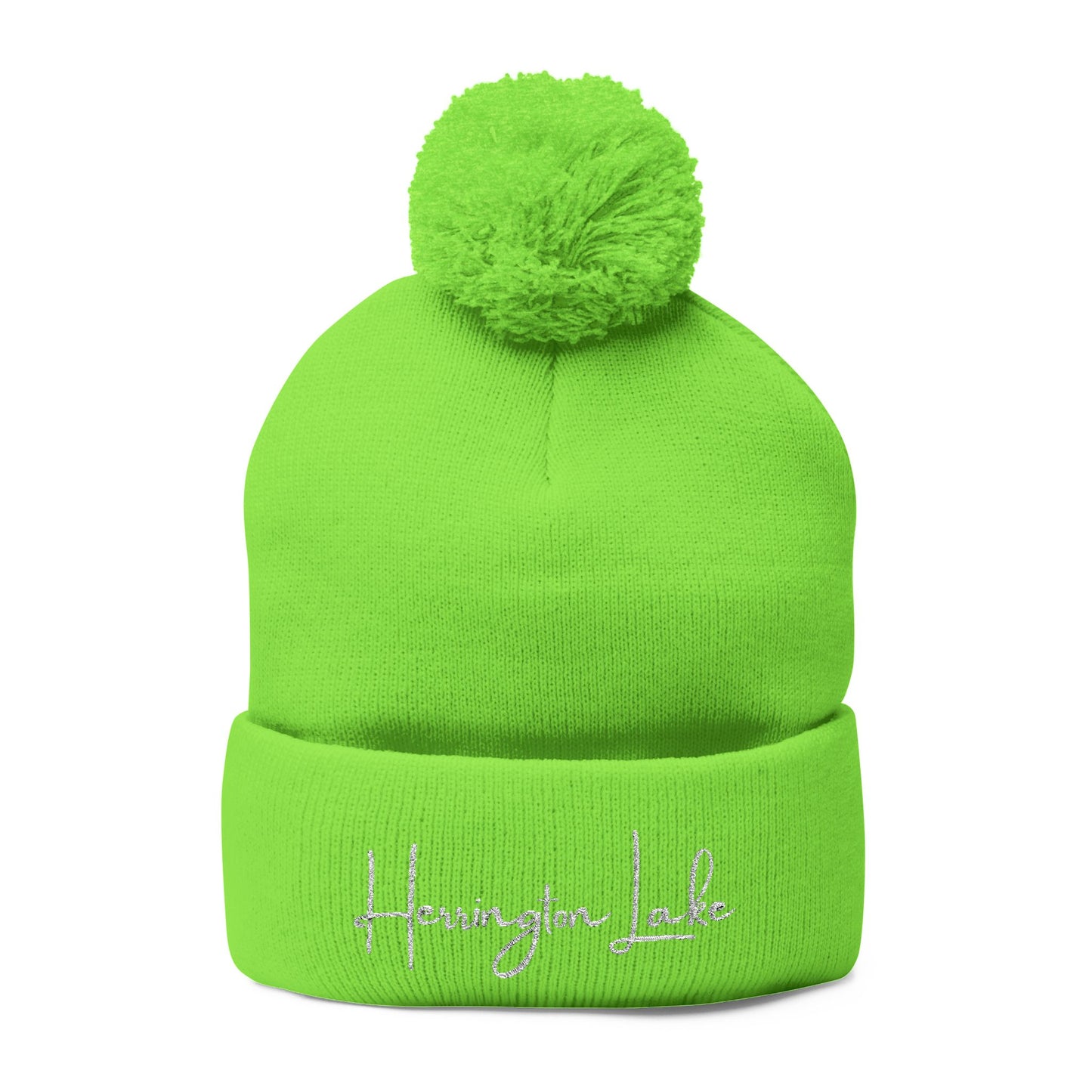 Embroidered Herrington Lake Script Pom-Pom Knit Cap