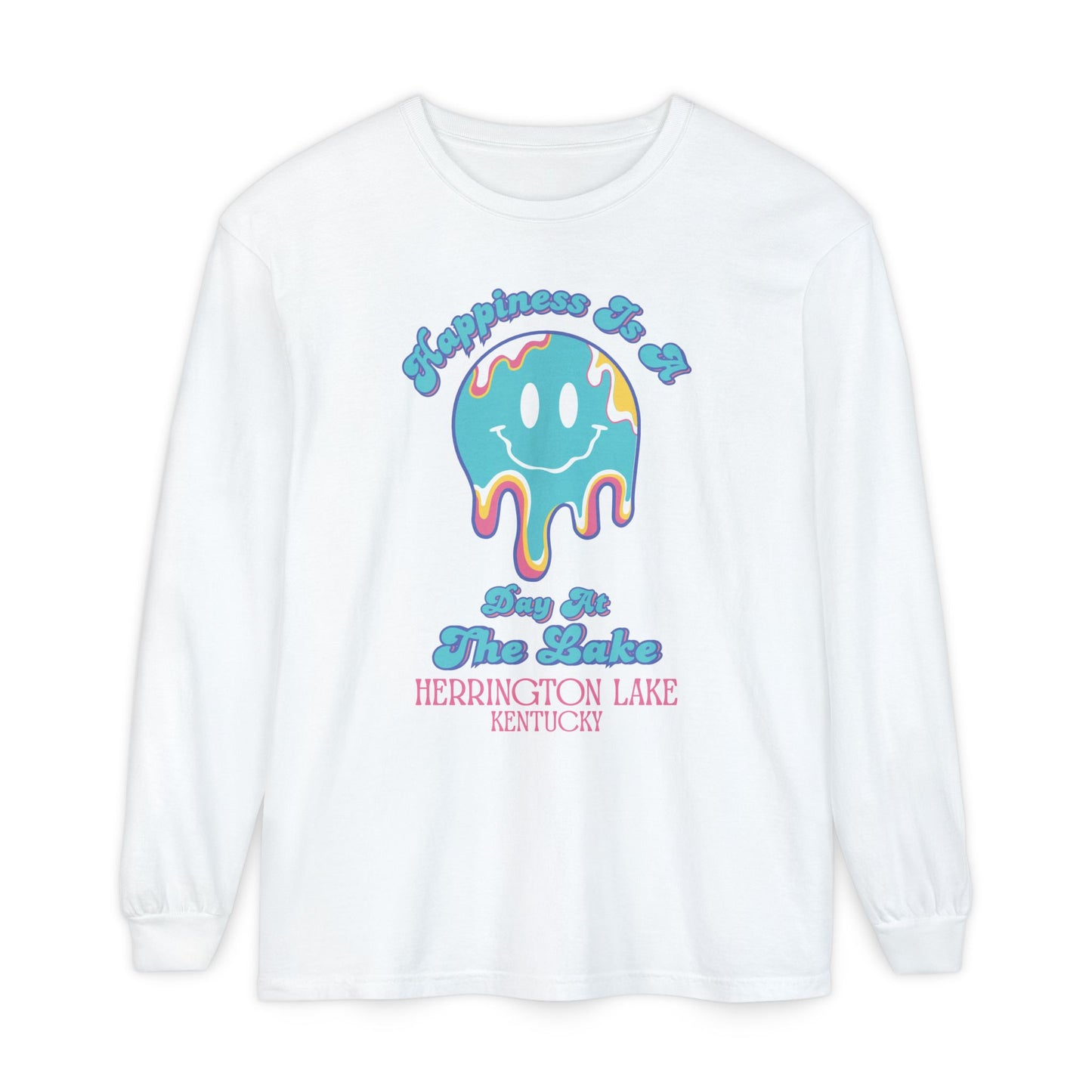 "Happiness is a Day at the Lake" Herrington Lake Garment-Dyed Premium Comfort Colors™ Long Sleeve T-Shirt