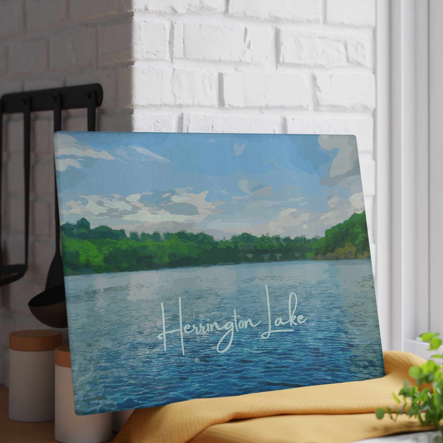 "Herrington LakeScape -1" Glass Cutting Board - White