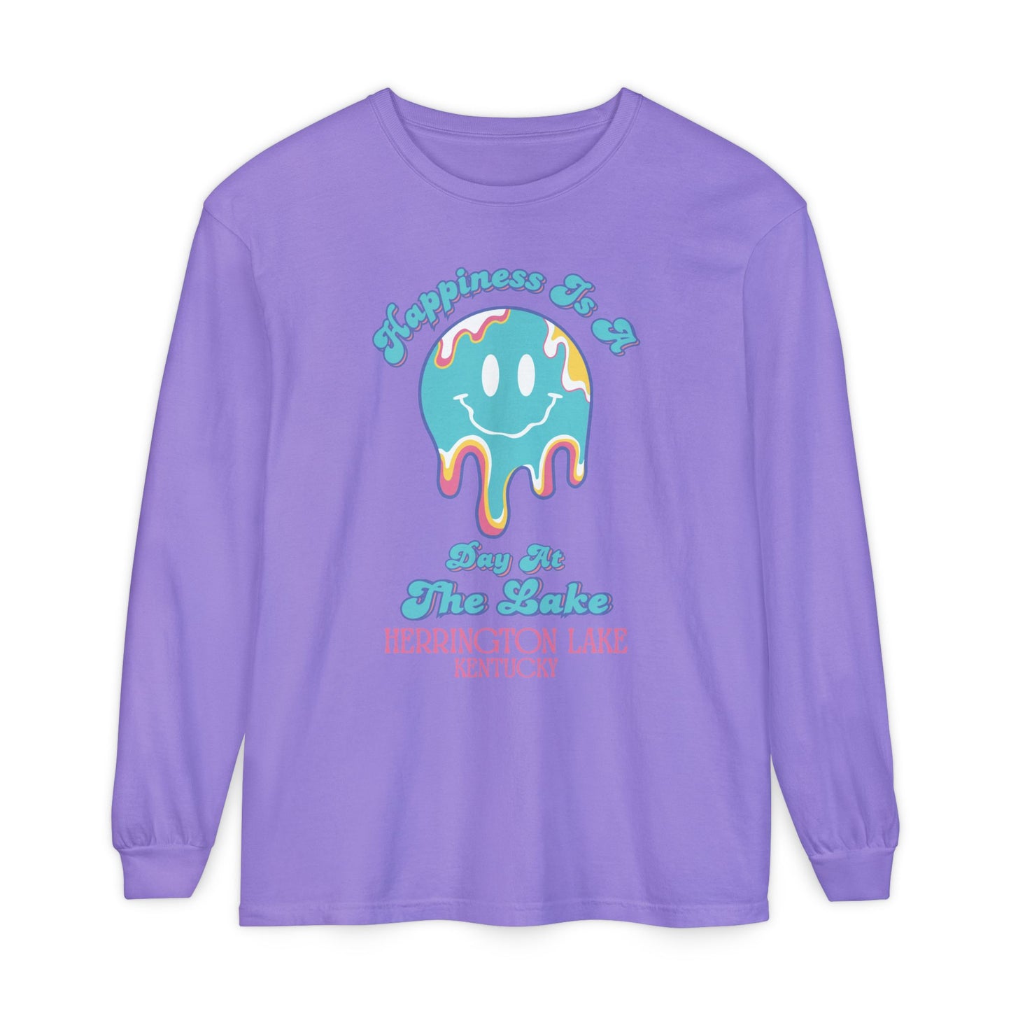 "Happiness is a Day at the Lake" Herrington Lake Garment-Dyed Premium Comfort Colors™ Long Sleeve T-Shirt
