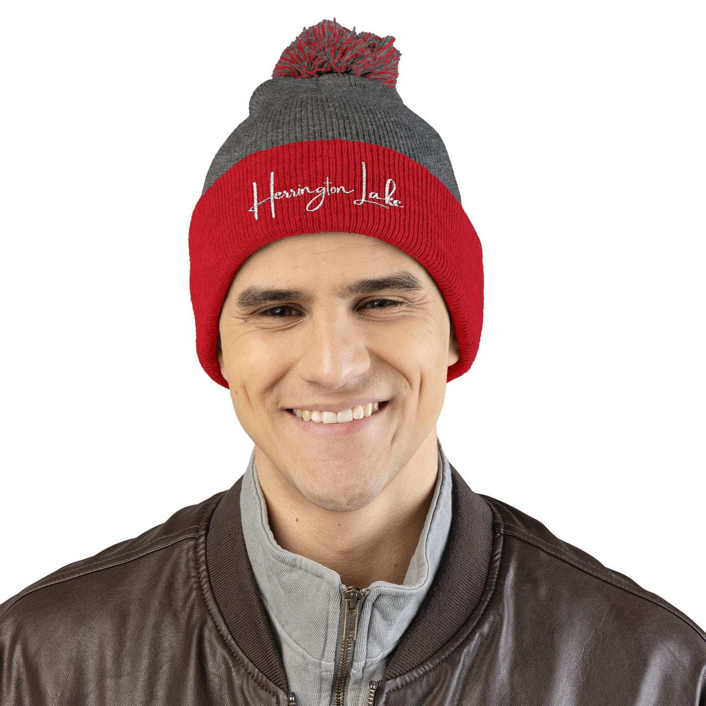 Embroidered Herrington Lake Script Pom-Pom Knit Cap