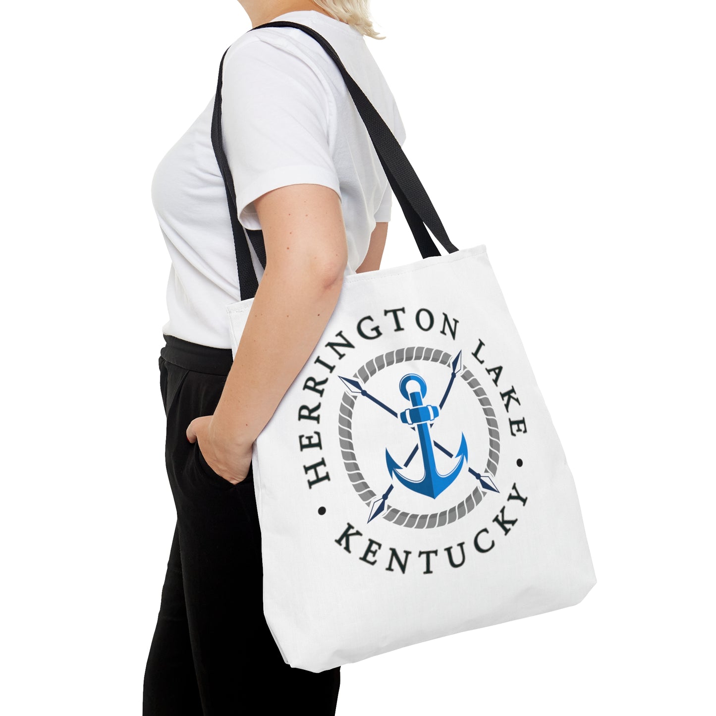 Herrington Lake Blue Anchor Tote Bag in White