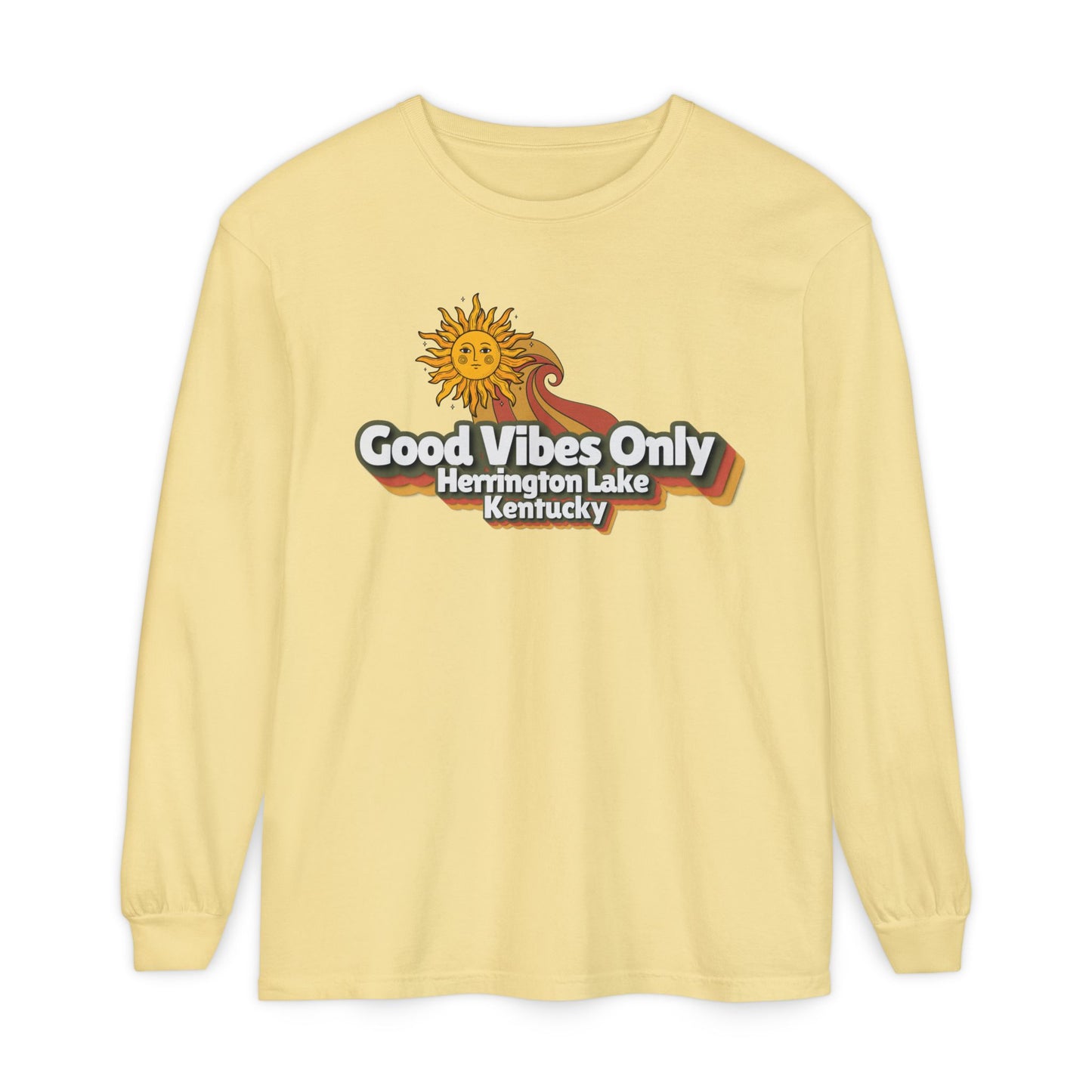 "Good Vibes Only" Herrington Lake Garment-Dyed Premium Comfort Colors™ Long Sleeve T-Shirt