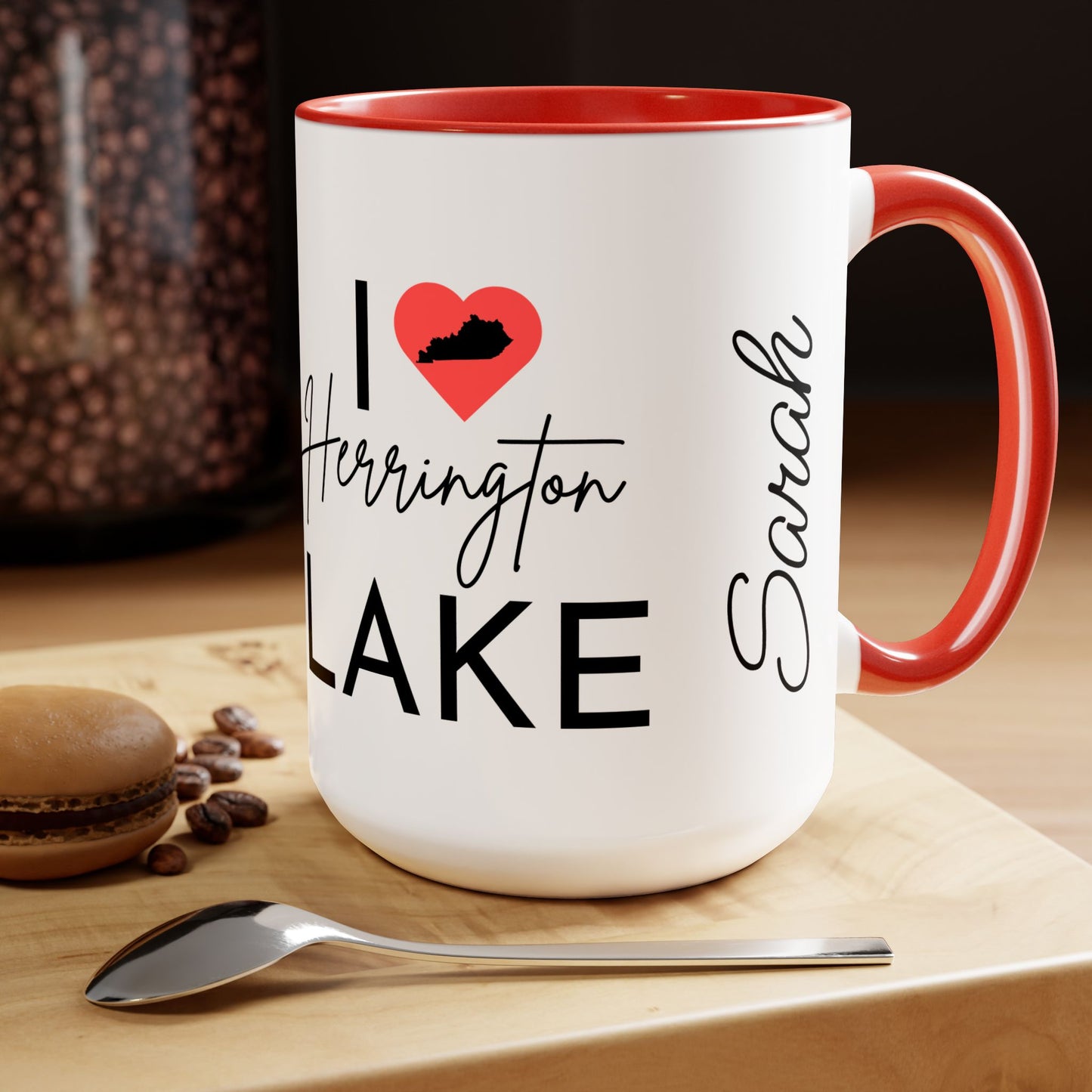 Custom Personalized I ❤️ Herrington Lake Two-Tone Biggie Coffee Mugs, 15oz