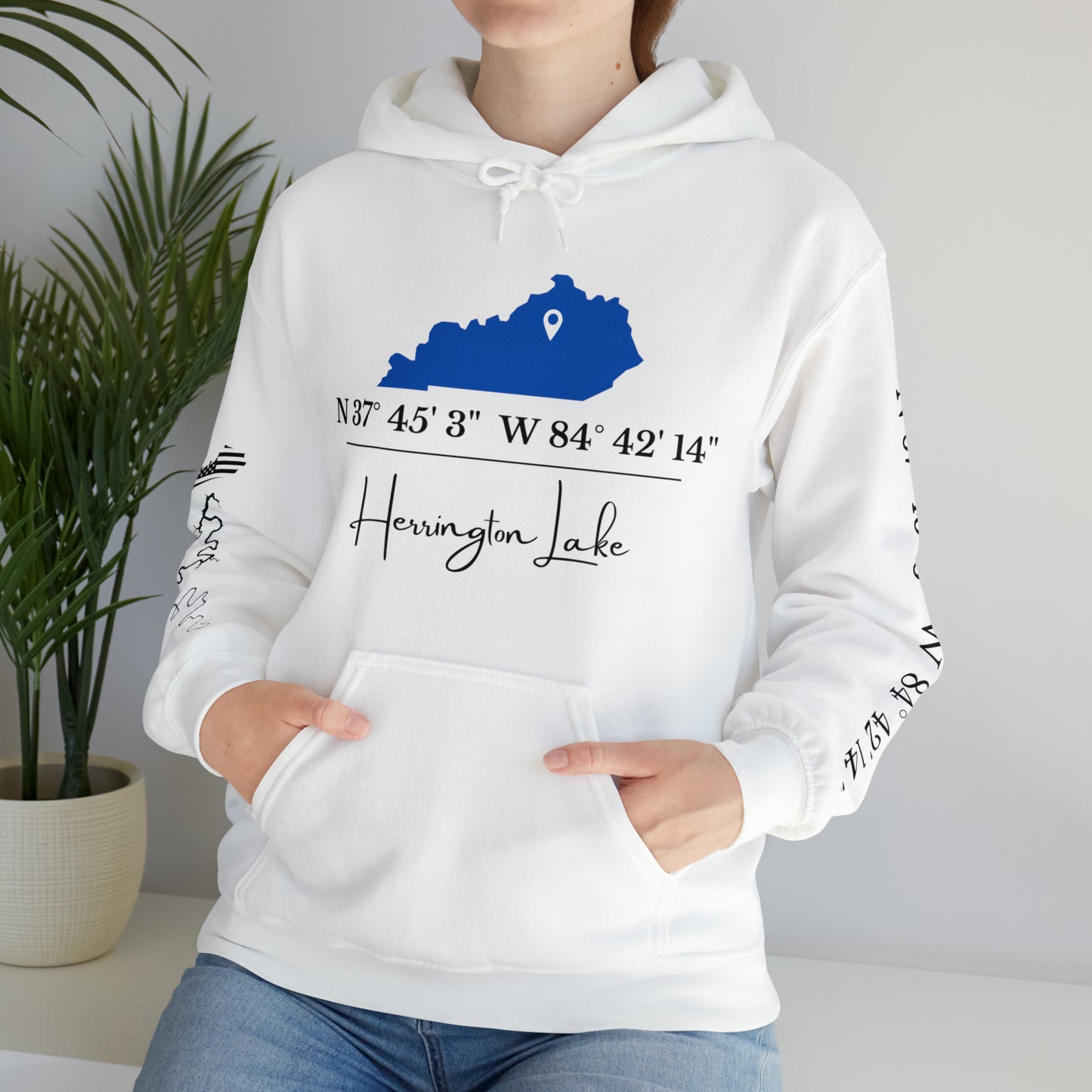 Custom Herrington Lake Coordinates Heavy Blend™ Hooded Sweatshirt w/ Printed Sleeves