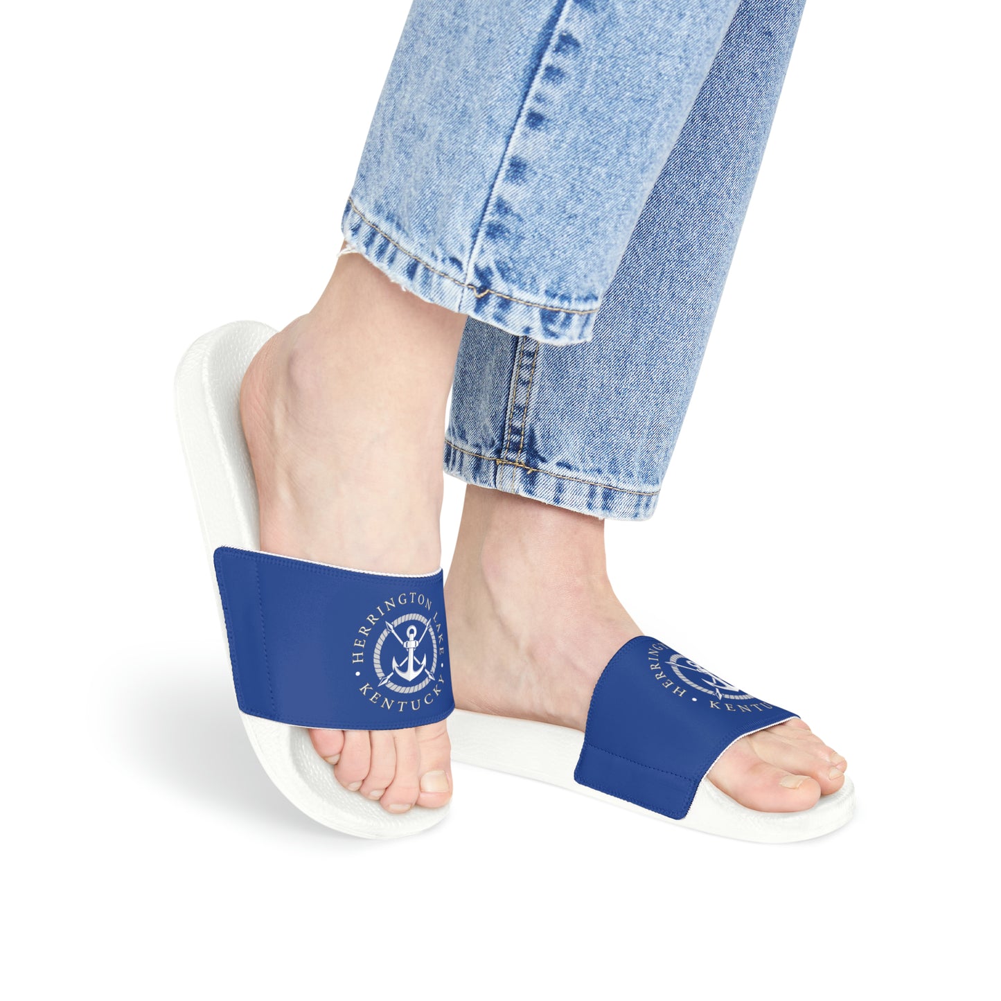 Women's HLKY White Anchor Slide Sandals, Dark Blue