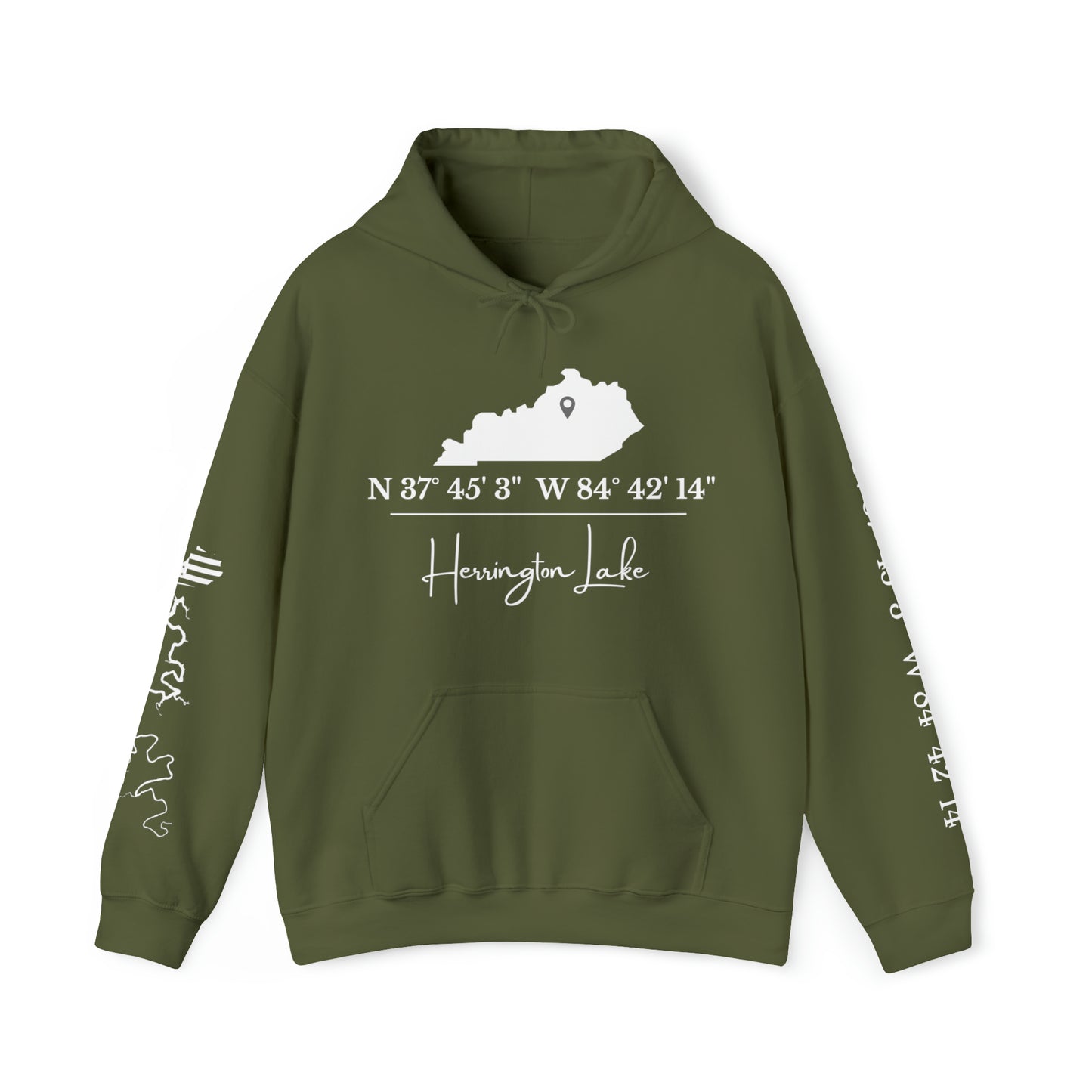 Custom Herrington Lake Coordinates Heavy Blend™ Hooded Sweatshirt w/ Printed Sleeves