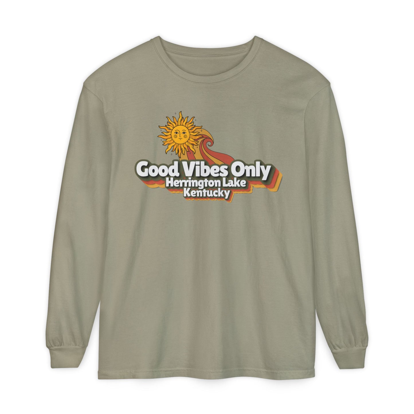 "Good Vibes Only" Herrington Lake Garment-Dyed Premium Comfort Colors™ Long Sleeve T-Shirt