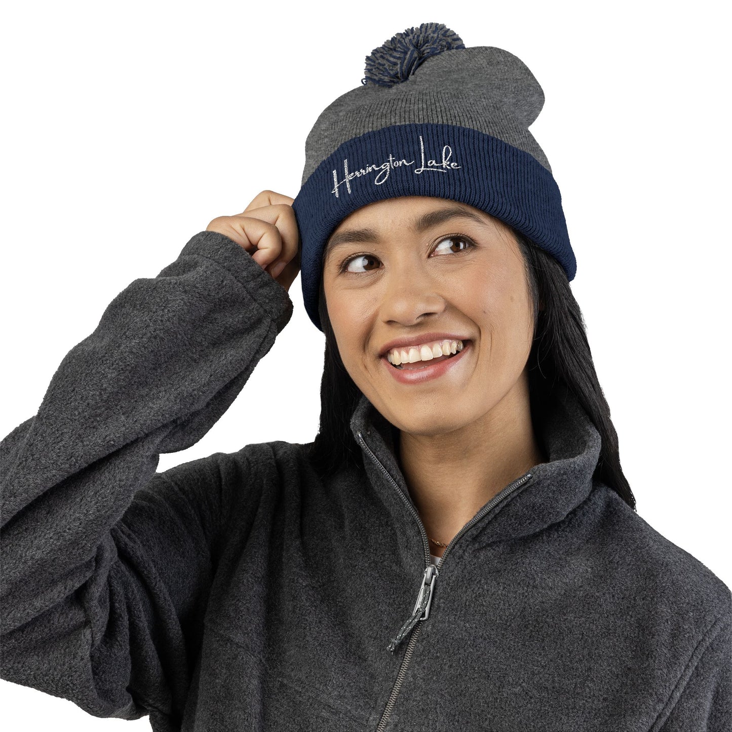 Embroidered Herrington Lake Script Pom-Pom Knit Cap