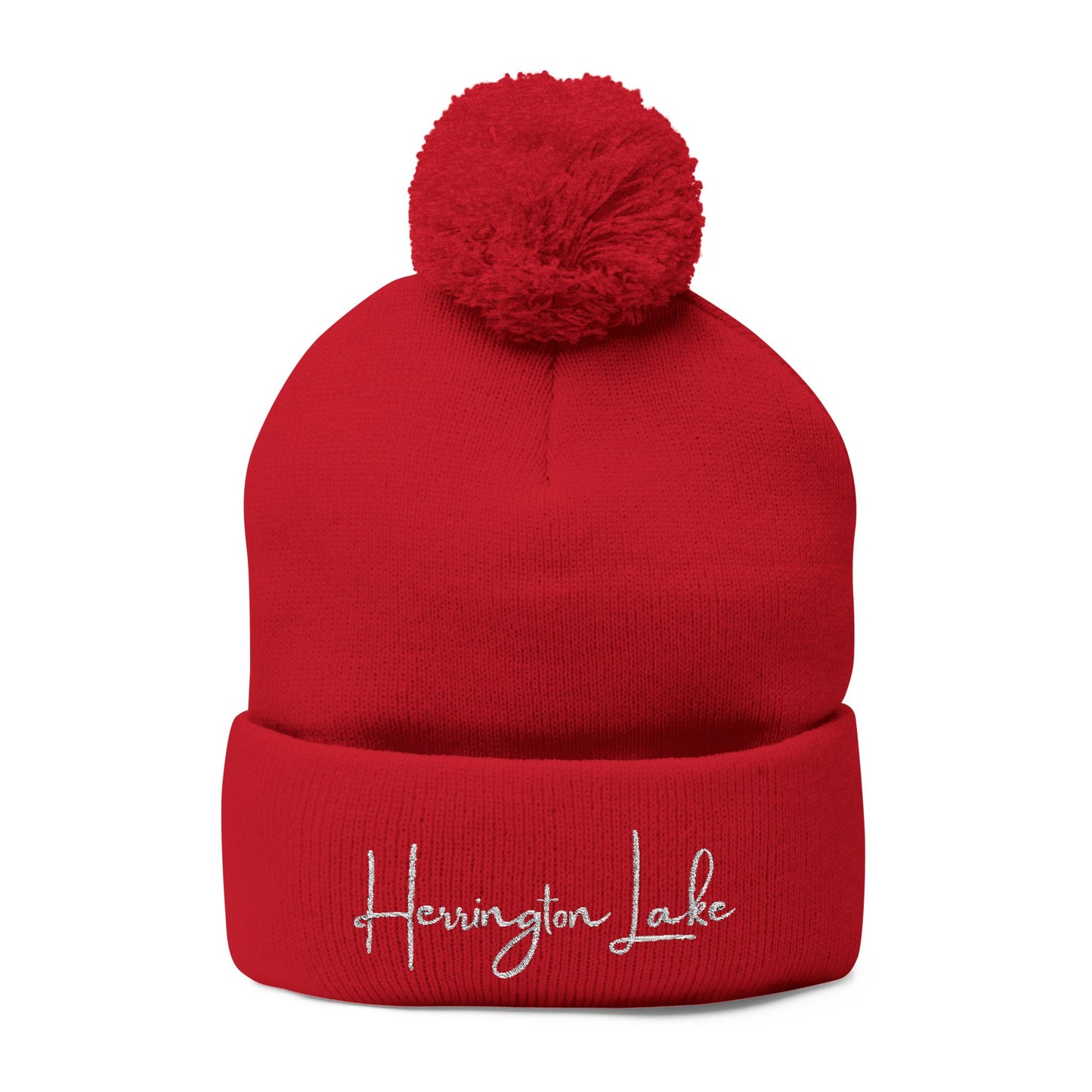 Embroidered Herrington Lake Script Pom-Pom Knit Cap