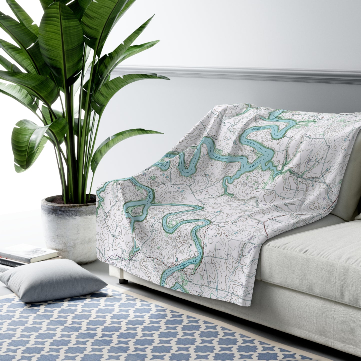 Herrington Lake 1952 USGS Topography Map Sherpa Fleece Blanket - Blue/Green
