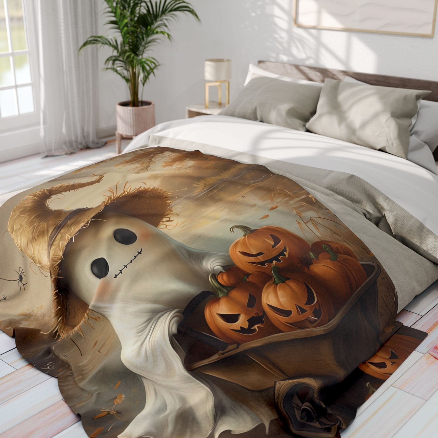 Cute Lake Ghost with Jack O'Lanterns Arctic Fleece Blanket