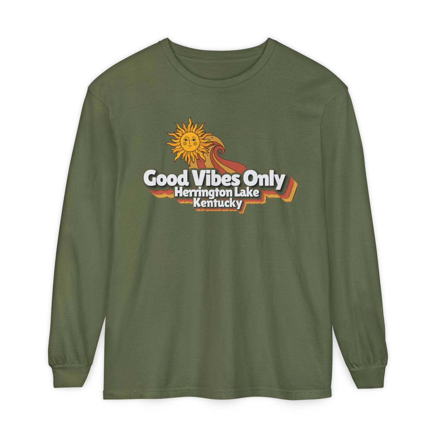 "Good Vibes Only" Herrington Lake Garment-Dyed Premium Comfort Colors™ Long Sleeve T-Shirt