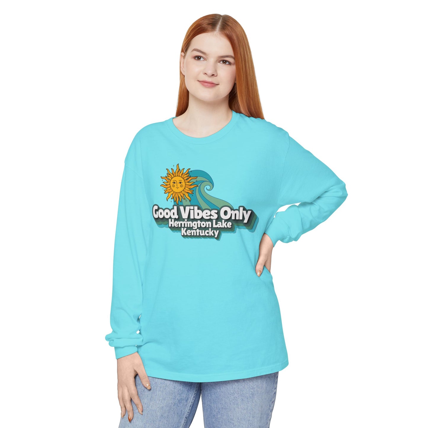 "Good Vibes Only" Herrington Lake Garment-Dyed Premium Comfort Colors™ Long Sleeve T-Shirt