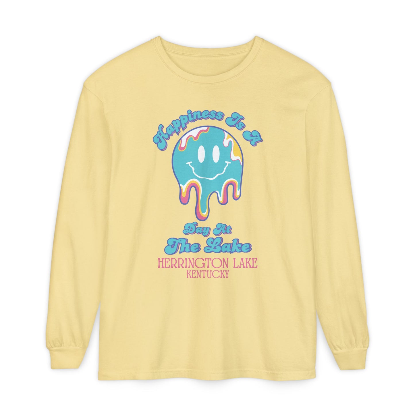 "Happiness is a Day at the Lake" Herrington Lake Garment-Dyed Premium Comfort Colors™ Long Sleeve T-Shirt