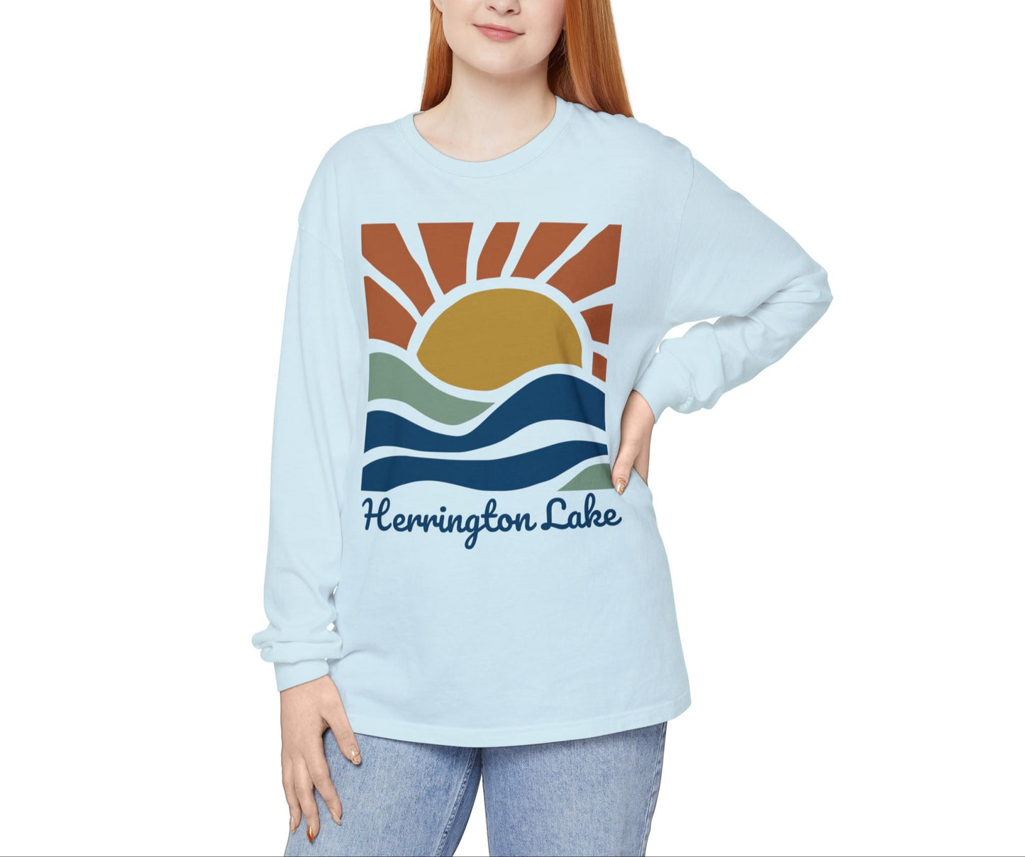 "Sunrise Serenity" Herrington Lake Garment-Dyed Premium Comfort Colors™ Long Sleeve T-Shirt