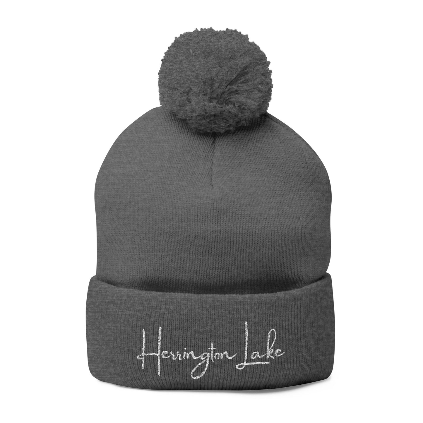 Embroidered Herrington Lake Script Pom-Pom Knit Cap