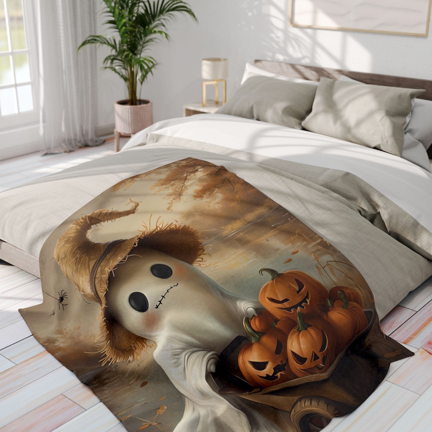 Cute Lake Ghost with Jack O'Lanterns Arctic Fleece Blanket