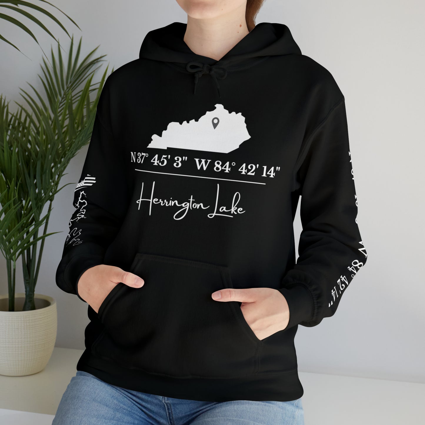 Custom Herrington Lake Coordinates Heavy Blend™ Hooded Sweatshirt w/ Printed Sleeves