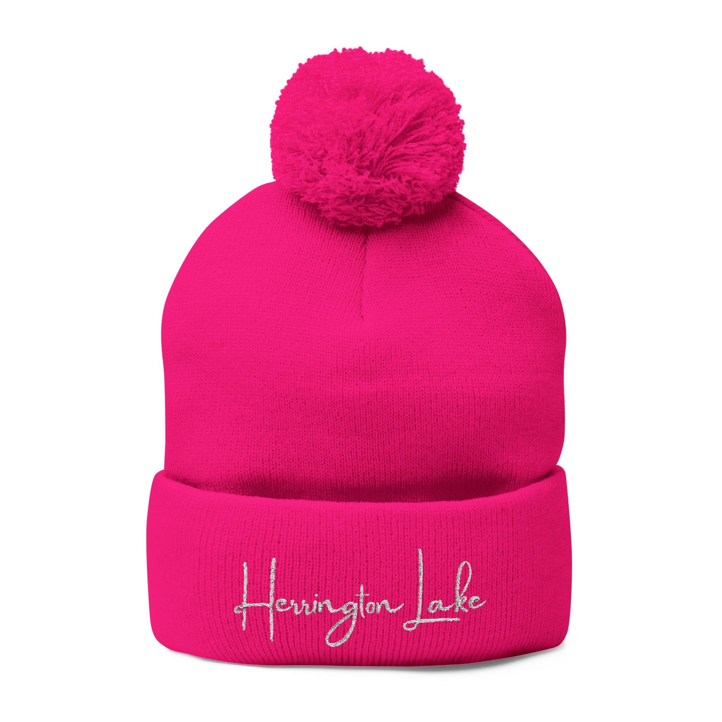 Embroidered Herrington Lake Script Pom-Pom Knit Cap