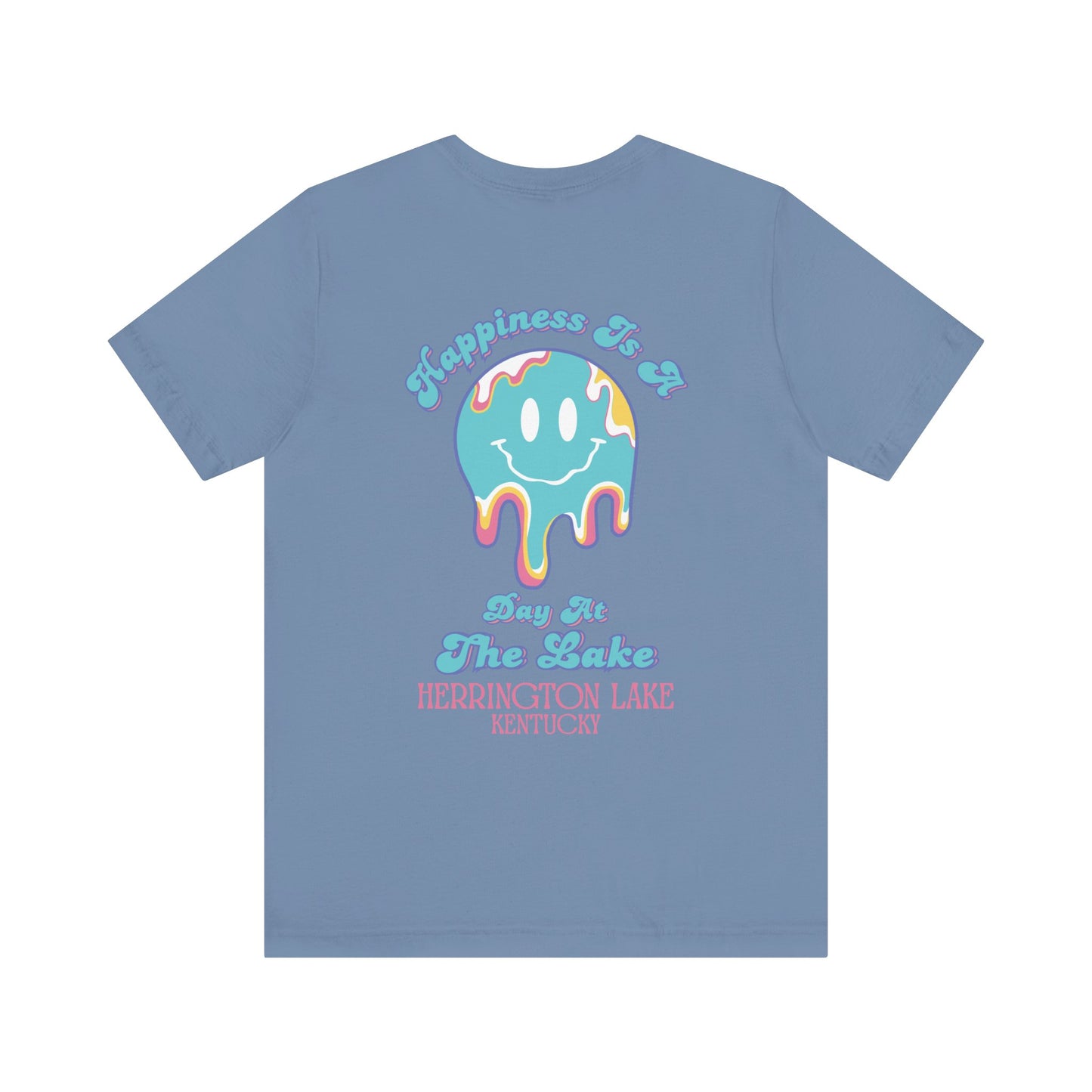 "Happiness Is A Day At The Lake" Double-Sided Print Unisex Jersey Knit Cotton Short Sleeve Tee