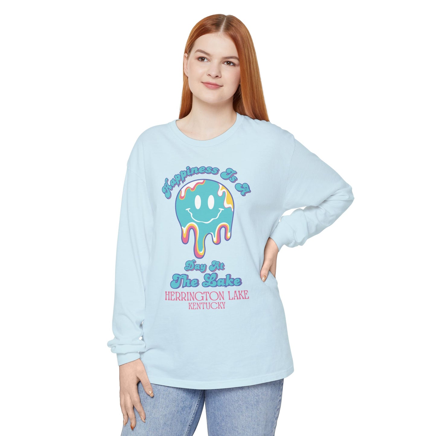 "Happiness is a Day at the Lake" Herrington Lake Garment-Dyed Premium Comfort Colors™ Long Sleeve T-Shirt
