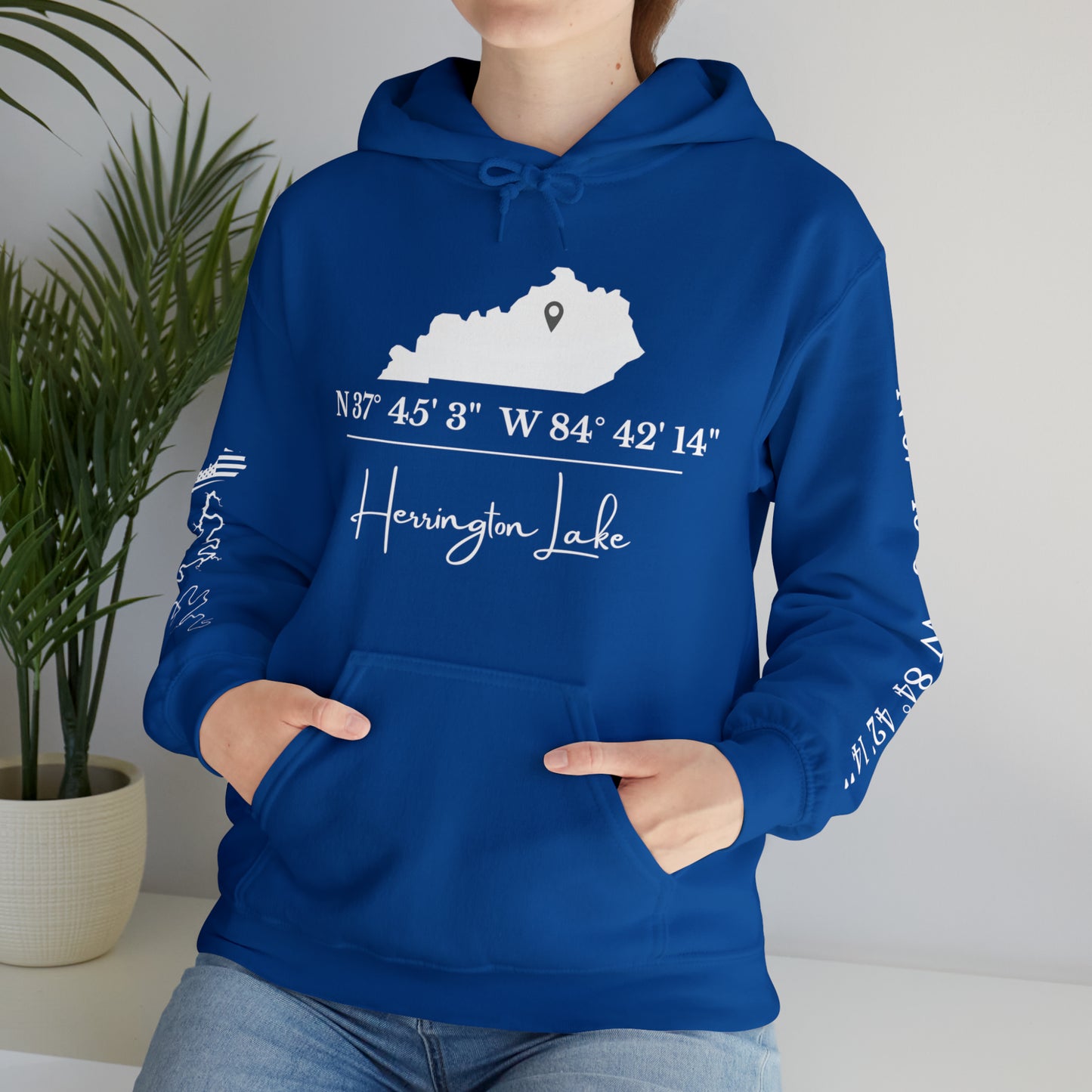 Custom Herrington Lake Coordinates Heavy Blend™ Hooded Sweatshirt w/ Printed Sleeves
