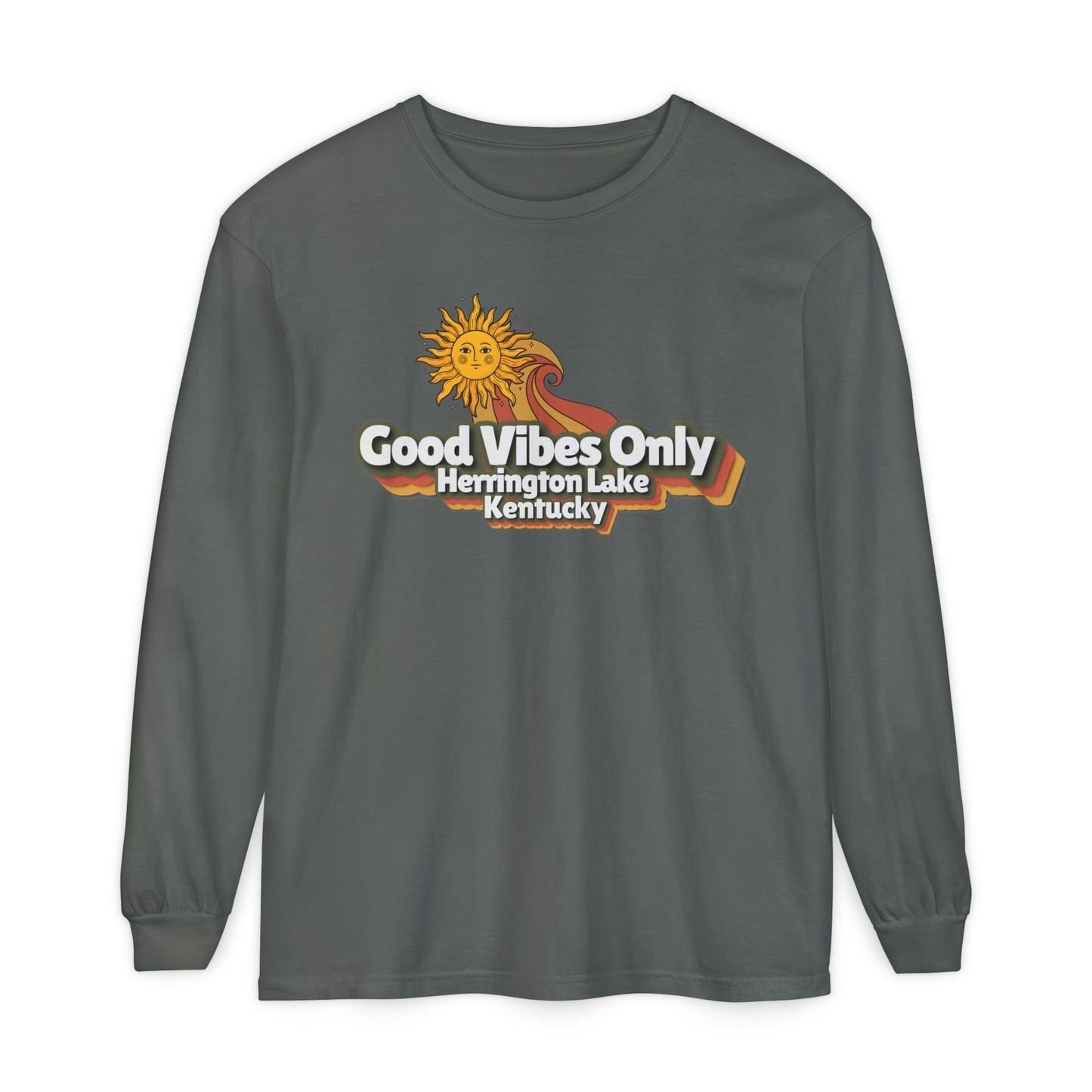 "Good Vibes Only" Herrington Lake Garment-Dyed Premium Comfort Colors™ Long Sleeve T-Shirt