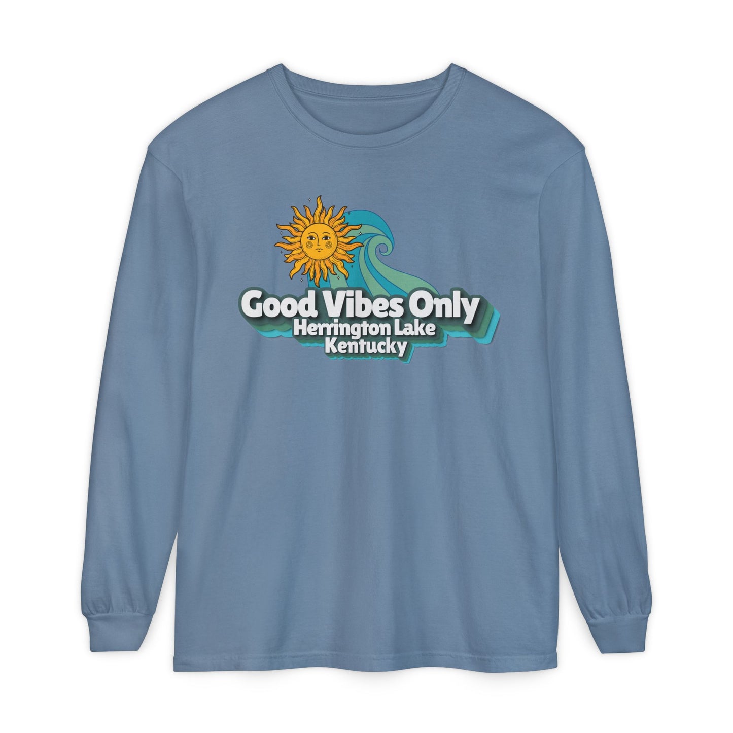 "Good Vibes Only" Herrington Lake Garment-Dyed Premium Comfort Colors™ Long Sleeve T-Shirt