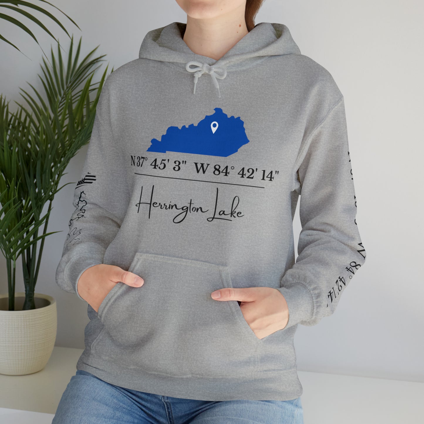 Custom Herrington Lake Coordinates Heavy Blend™ Hooded Sweatshirt w/ Printed Sleeves